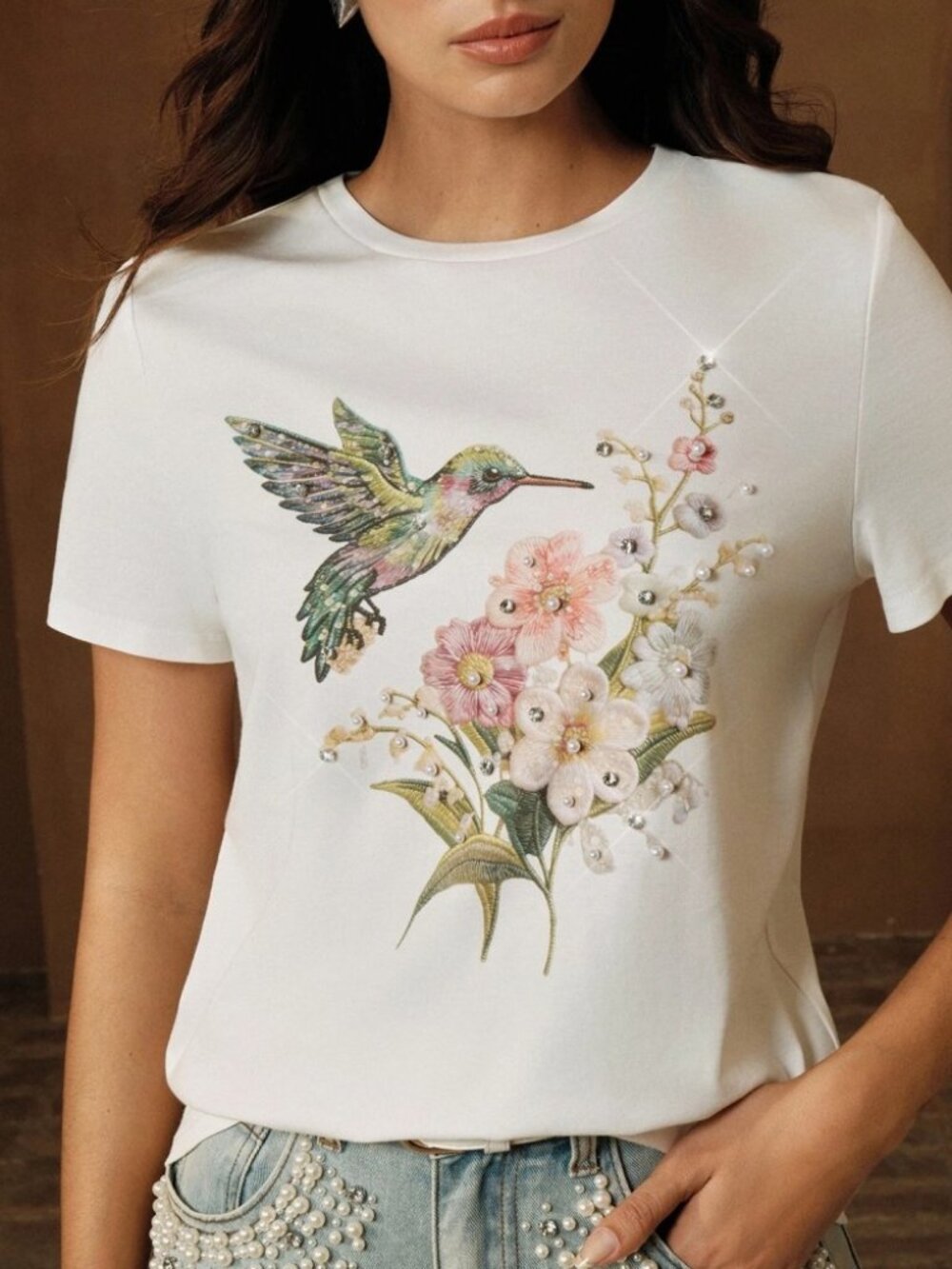 Ivory Hummingbird Floral Embroidered Rhinestone Short Sleeve Tee